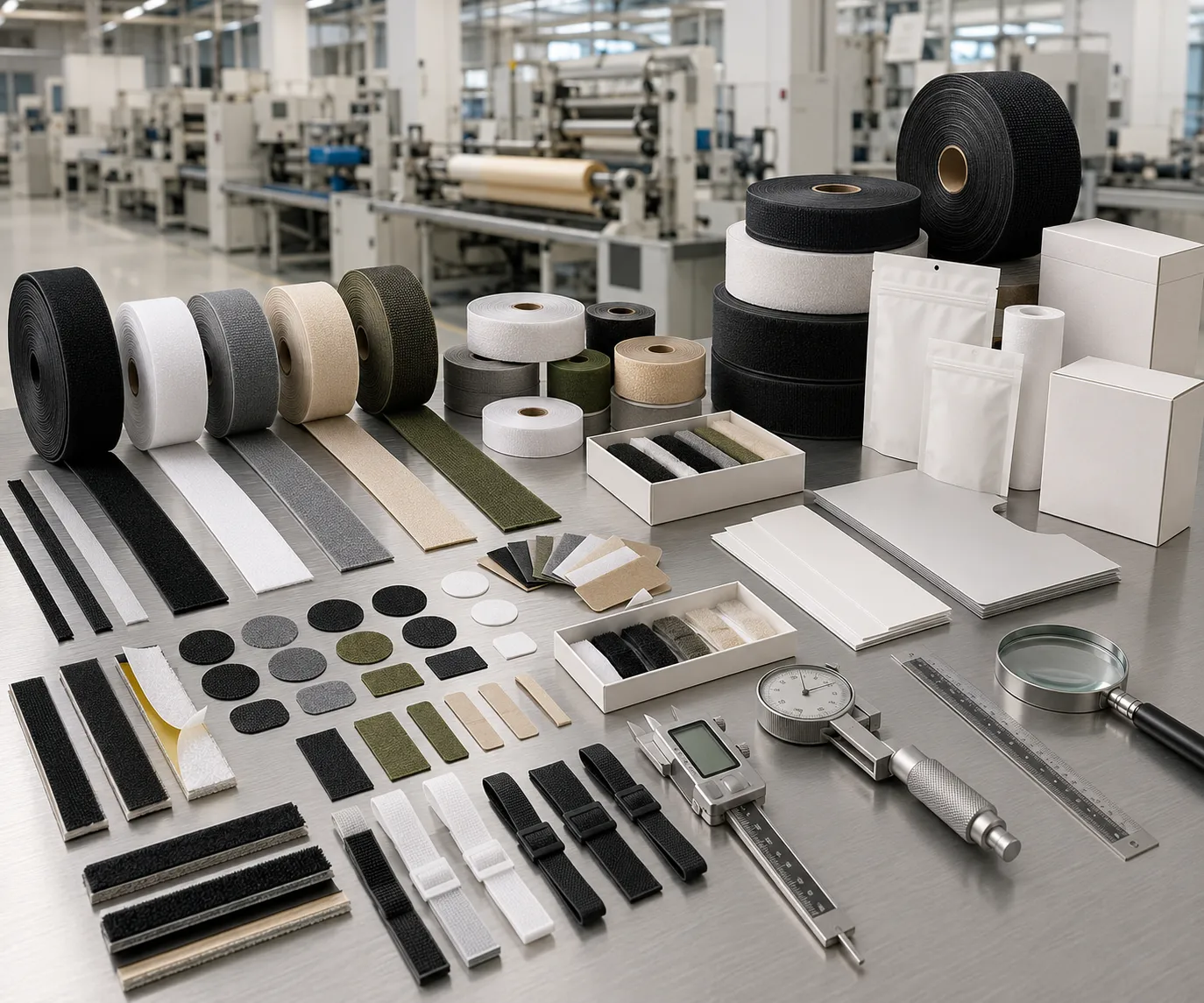 OEM hook and loop manufacturing capabilities for custom widths, colours and bulk production.